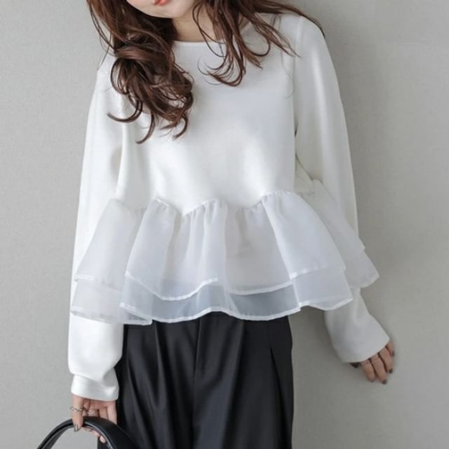 Supernova-Long-Sleeve Crew Neck Mesh Panel Ruffle Hem T-Shirt