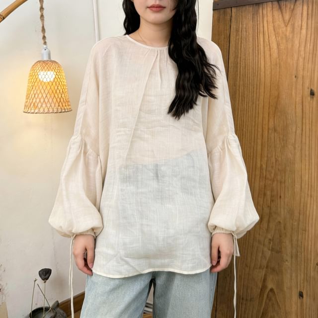 Supernova-Long-Sleeve Crewneck Sheer Plain Blouse
