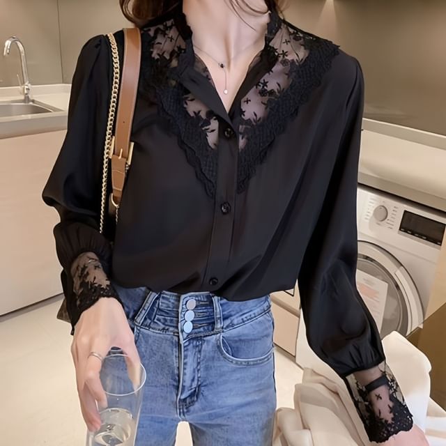 Supernova-Long-Sleeve Lace Panel Button Up Blouse