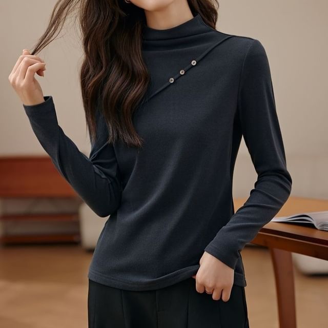Supernova-Long-Sleeve Mock Neck Plain Button Accent T-Shirt