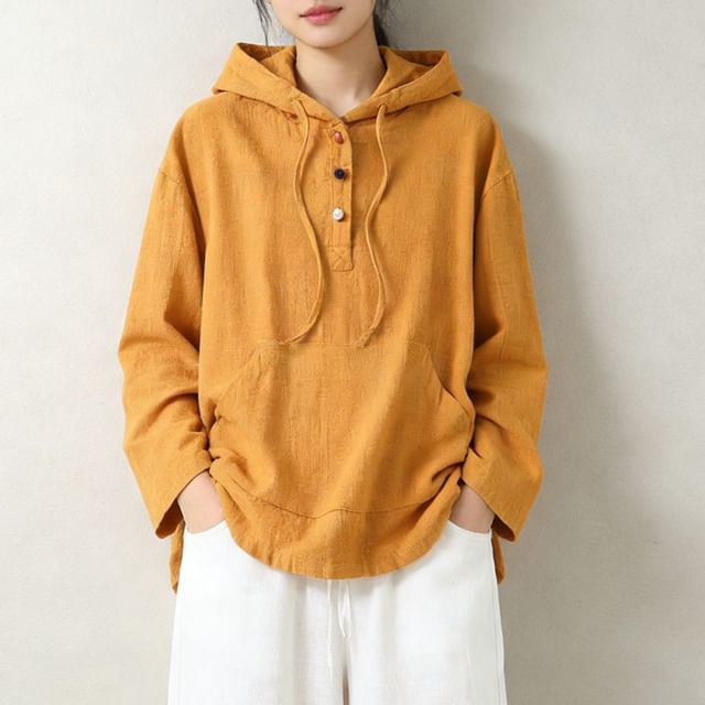 Supernova-Long-Sleeve Plain Henley Hoodie