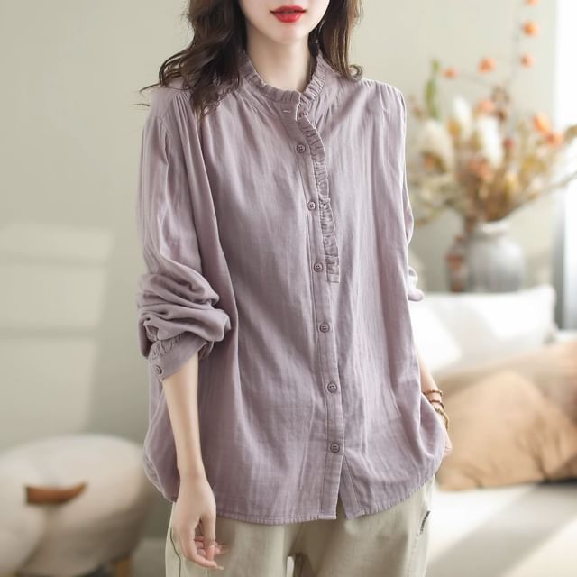 Supernova-Long-Sleeve Stand Collar Plain Ruffle Trim Button Up Blouse