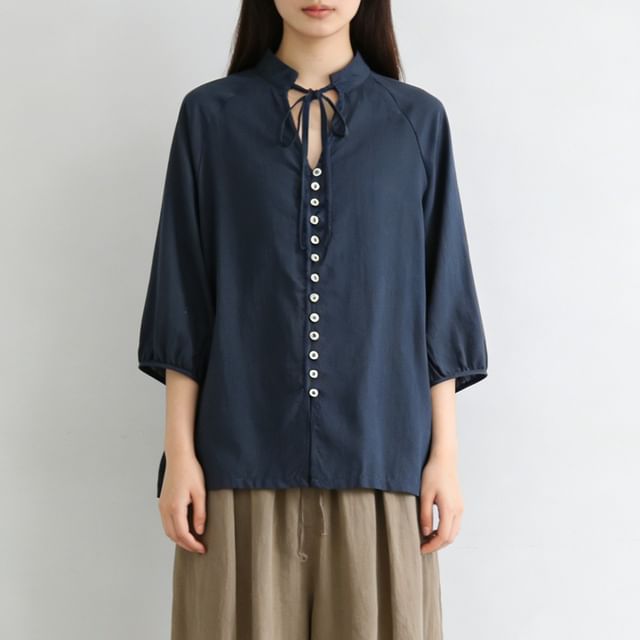 Supernova-Long Sleeve Tie Neck Plain Blouse
