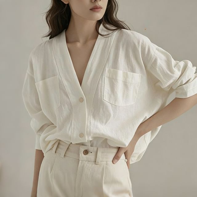 Supernova-Long Sleeve V-Neck Plain Blouse