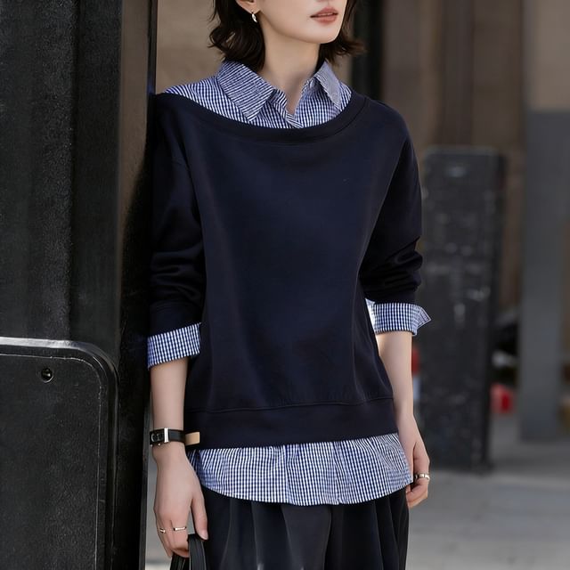 Supernova-Mock Two-Piece Long-Sleeve Gingham Collar Sweatshirt