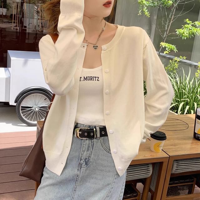 Supernova-Round Neck Plain Button Up Cardigan