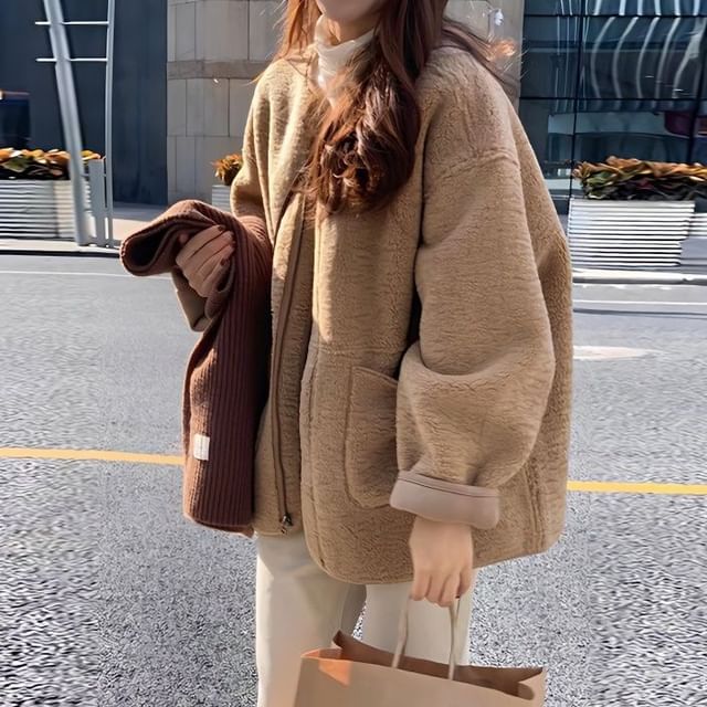 Supernova-Round Neck Plain Fleece Zip Jacket