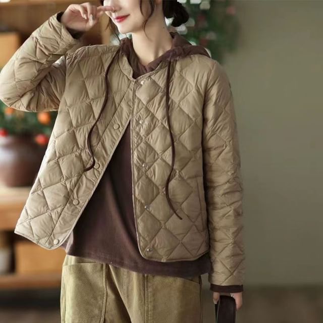 Supernova-Round Neck Plain Quilted Button Up Jacket