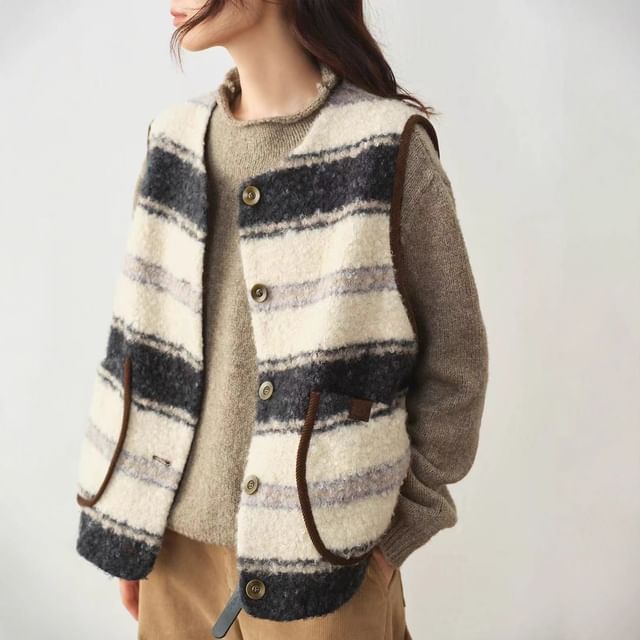 Supernova-Round Neck Striped Fleece Button Up Vest
