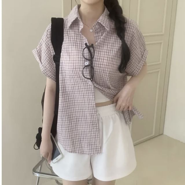 Supernova-Short-Sleeve Collared Plaid Button Up Shirt