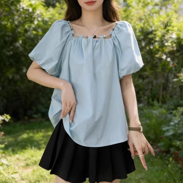 Supernova-Short-Sleeve Square Neck Plain Blouse