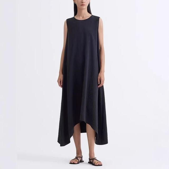 Supernova-Sleeveless Round Neck Plain Midi A-Line Dress