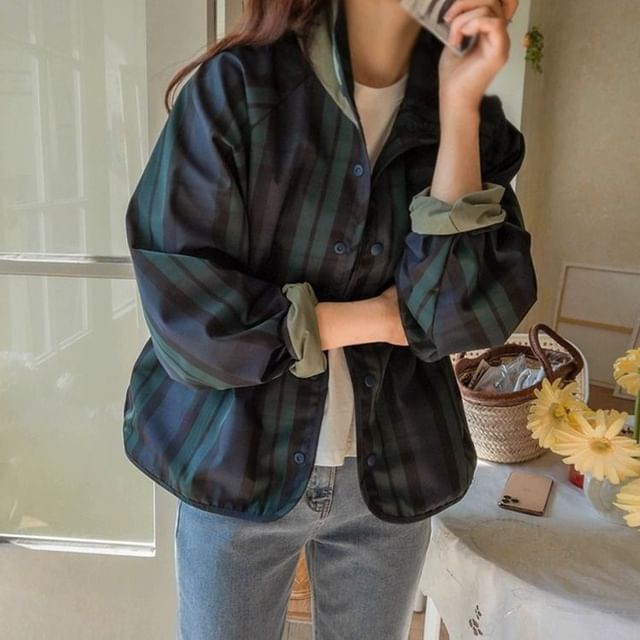 Supernova-Stand Collar Plaid Button Up Jacket