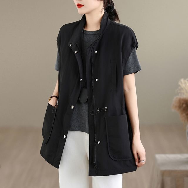 Supernova-Stand Collar Plain Drawstring Waist Zip Vest