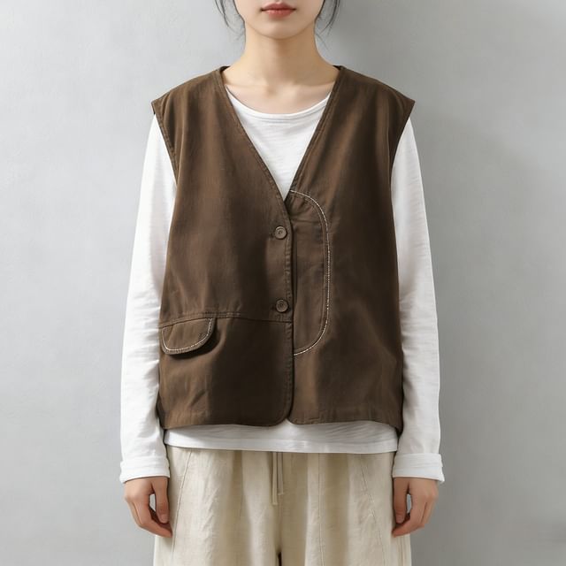 Supernova-V-Neck Plain Contrast Stitching Single-Breasted Vest