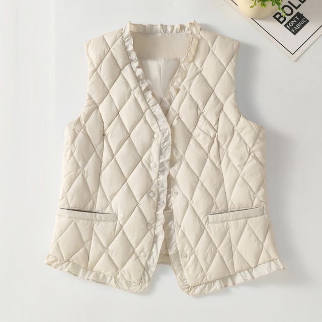 Supernova-V-Neck Plain Ruffle Quilted Button Vest