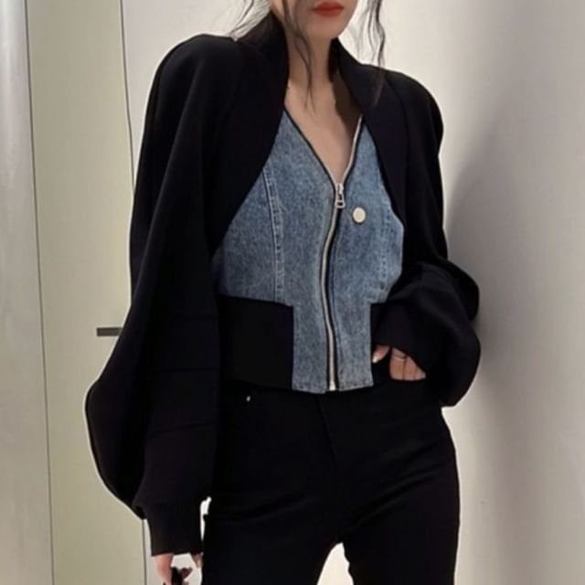 Supernova-V-Neck Washed Denim Mock Two Piece Zip Jacket