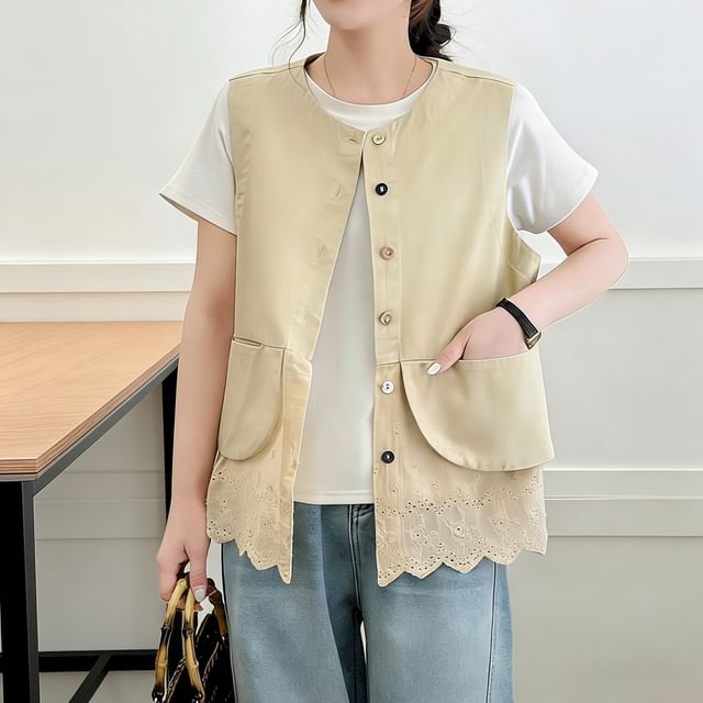 Suzette-Crew Neck Eyelet Lace Panel Button-Up Vest