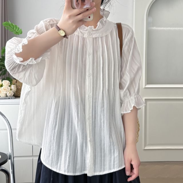 Suzette-Elbow-Sleeve Frill Trim Plain Blouse