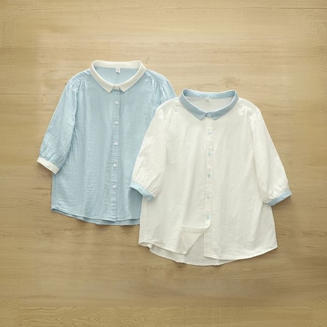 Suzette-Elbow-Sleeve Plain Contrast Trim Shirt