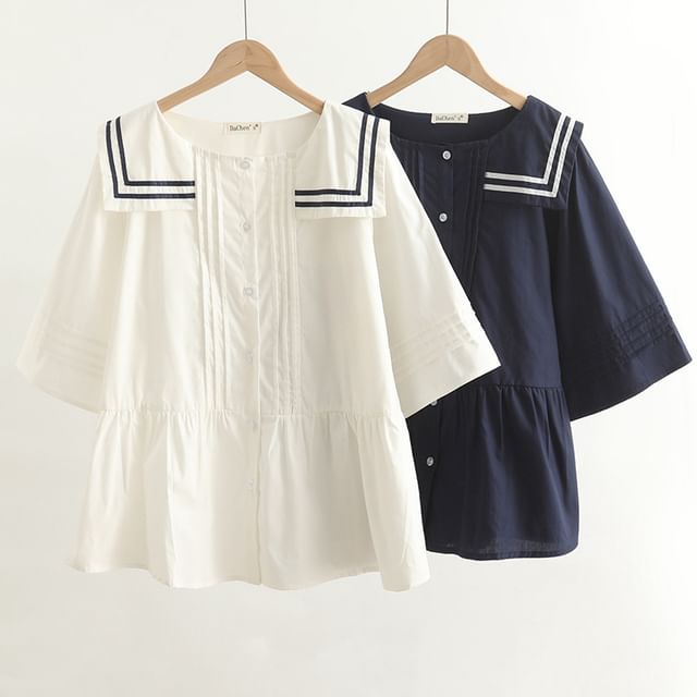 Suzette-Elbow-Sleeve Striped Trim Flowy Blouse