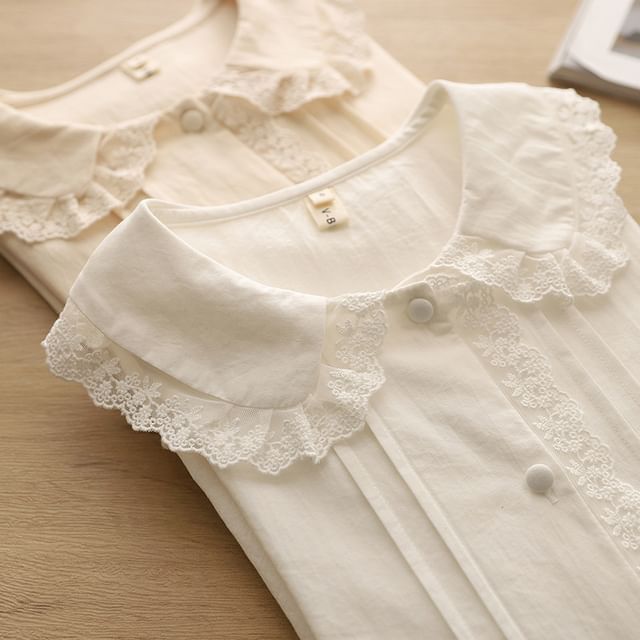 Suzette-Long Sleeve Collared Plain Lace Trim Pintuck Blouse