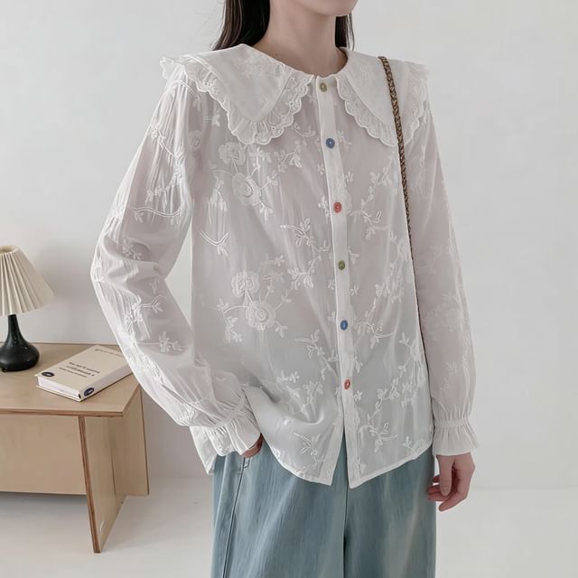 Suzette-Long-Sleeve Contrast Button Lace Shirt