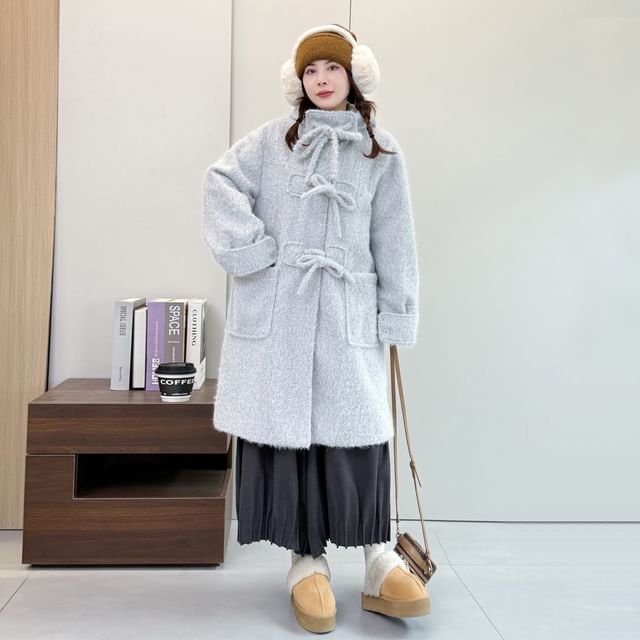 Suzette-Plain Hooded Tie Front Long Coat