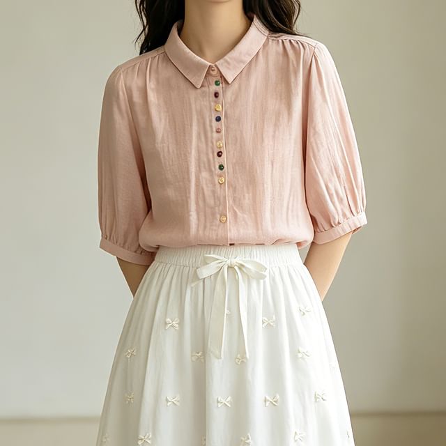 Suzette-Puff-Sleeve Plain Button-Up Blouse