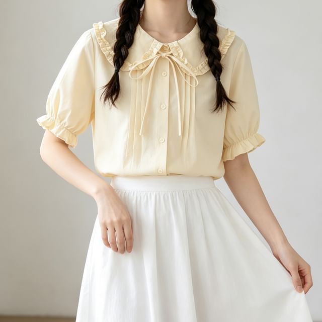 Suzette-Puff-Sleeve Plain Ruffled Trim Button-Up Blouse