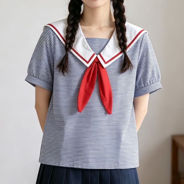 Suzette-Puff-Sleeve Striped Sailor Collar Blouse
