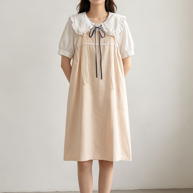 Suzette-Set Short-Sleeve Collared Plain Blouse Spaghetti Strap A-Line Dress