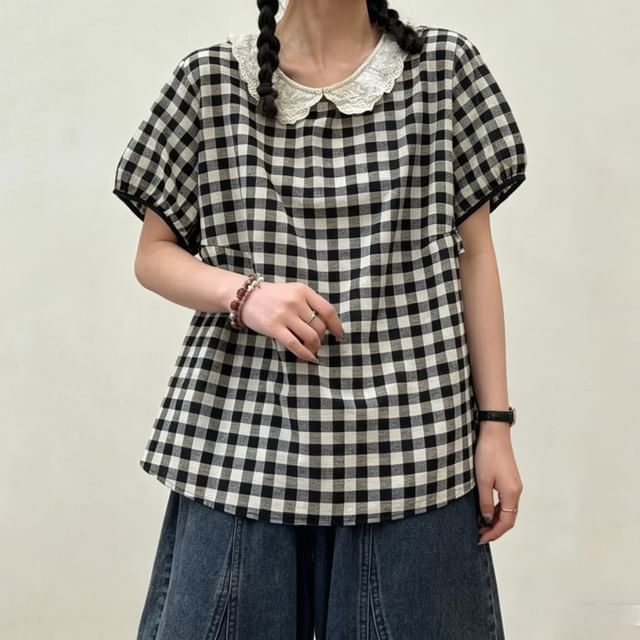 Suzette-Short-Sleeve Gingham Lace Trim Blouse