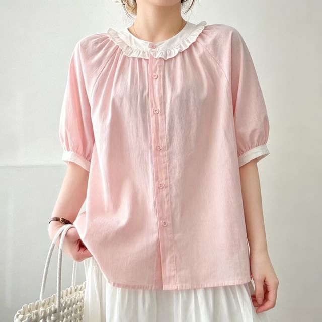 Suzette-Short-Sleeve Plain Contrast Trim Ruffle Blouse