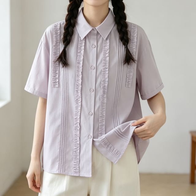 Suzette-Short-Sleeve Plain Ruffle Shirt