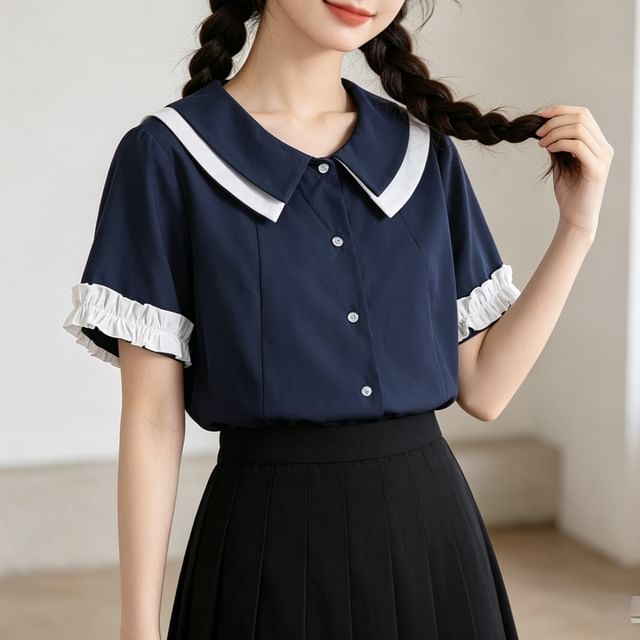 Suzette-Short-Sleeve Ruffled Contrast Trim Button-Up Blouse