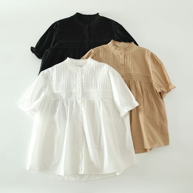 Suzette-Short-Sleeve Stand Collar Plain Flowy Blouse