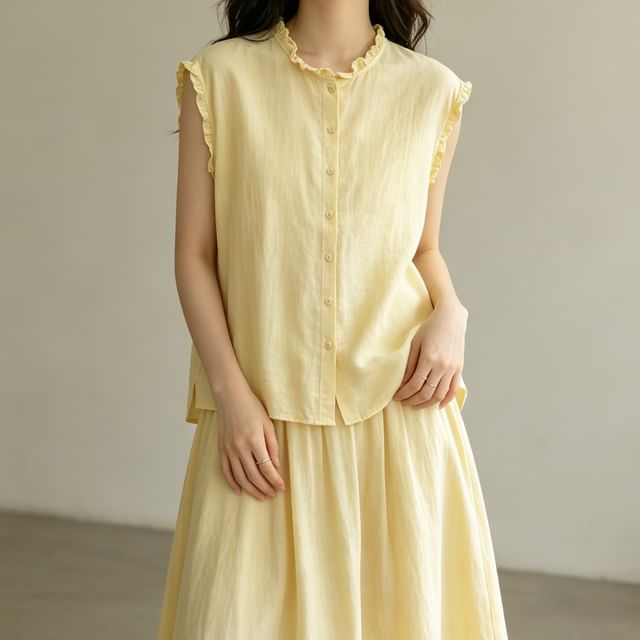 Suzette-Sleeveless Plain Ruffled Button-Up Blouse