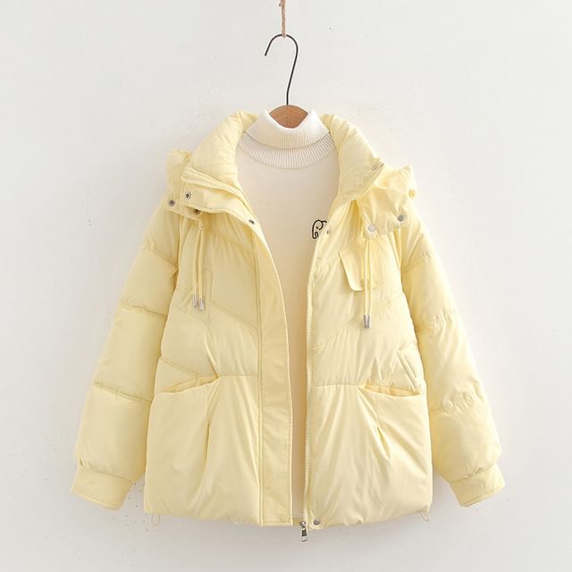 Suzette-Stand Collar Plain Hood Zip Puffer Jacket