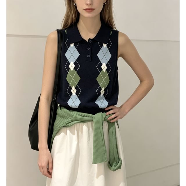 Sweet Amour-Collar Argyle Print Knit Tank Top