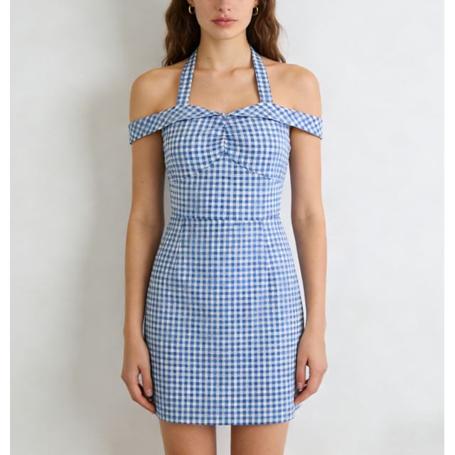 Sweet Amour-Off Shoulder Halter Neck Gingham Mini Dress