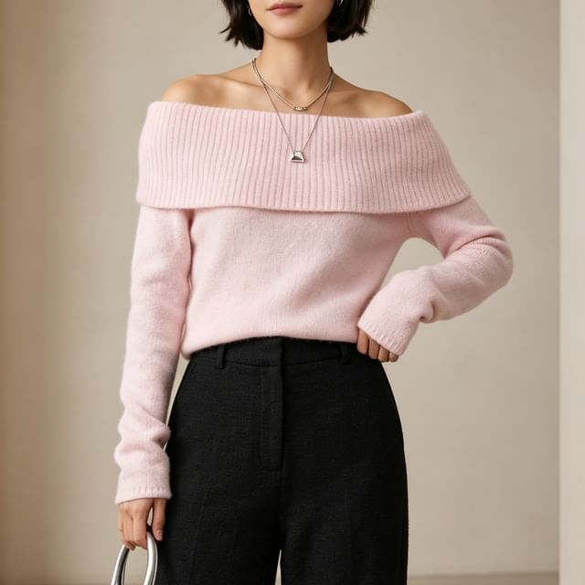 Sweet Amour-Off Shoulder Ribbed Plain Sweater