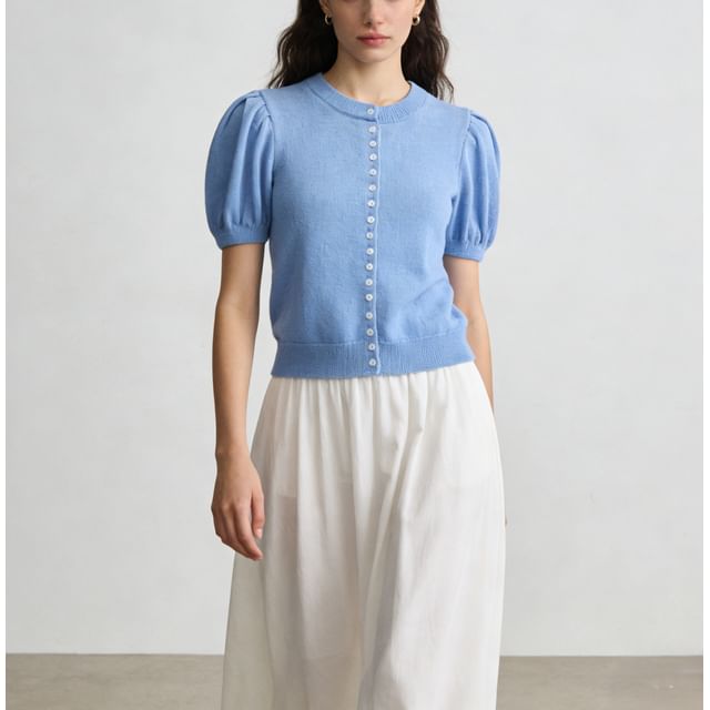 Sweet Amour-Puff Sleeve Crew Neck Plain Cardigan