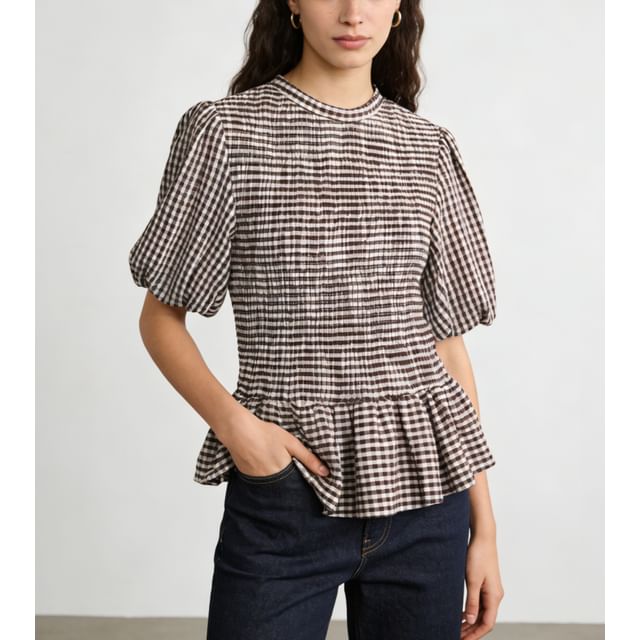 Sweet Amour-Puff Sleeve Gingham Peplum Top