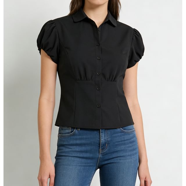 Sweet Amour-Puff Sleeve Plain Slim-Fit Shirt