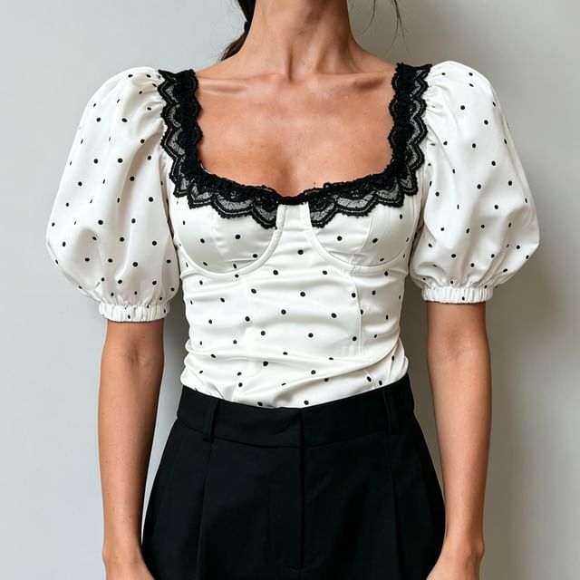 Sweet Amour-Puff Sleeve Square Neck Polka Dot Top