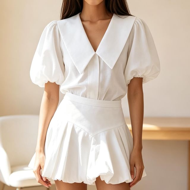 Sweet Amour-Set Puff Short-Sleeve Collared V-Neck Plain Blouse High Waist Mini Bubble Skirt