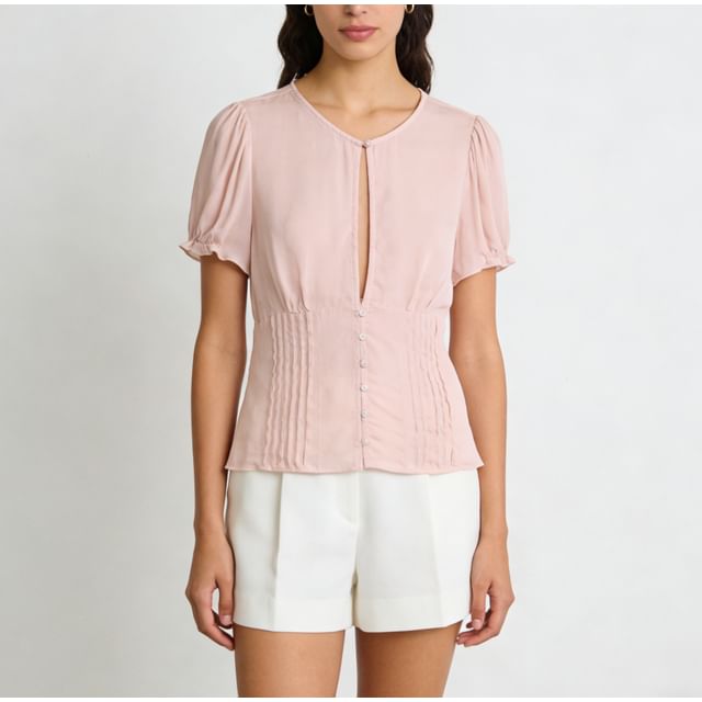 Sweet Amour-Sheer Sleeve V-Neck Plain Pleated Button-Up Blouse