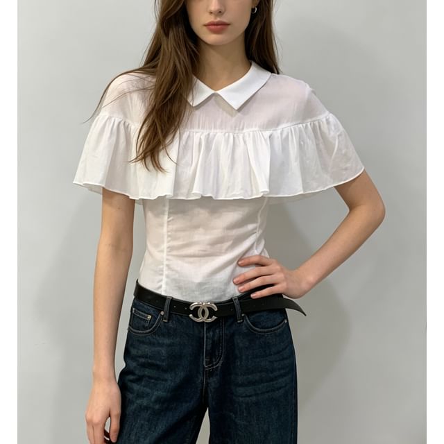 Sweet Amour-Short Sleeve Collared Plain Ruffled Slim-Fit Blouse