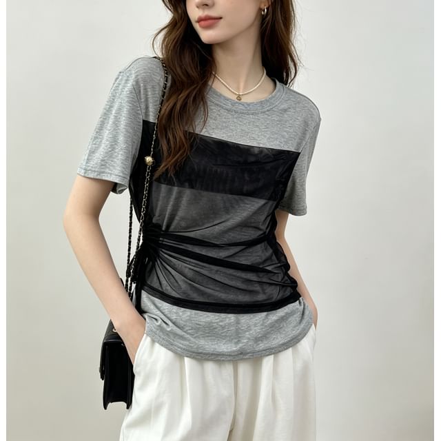 Sweet Amour-Short Sleeve Mock Two Piece Mesh Panel Side Drawstring Slim-Fit Top